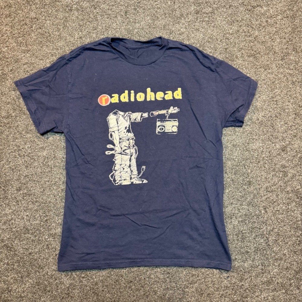 Radiohead Graphic T-Shirt Navy Blue Band Tee Boombox Art Medium